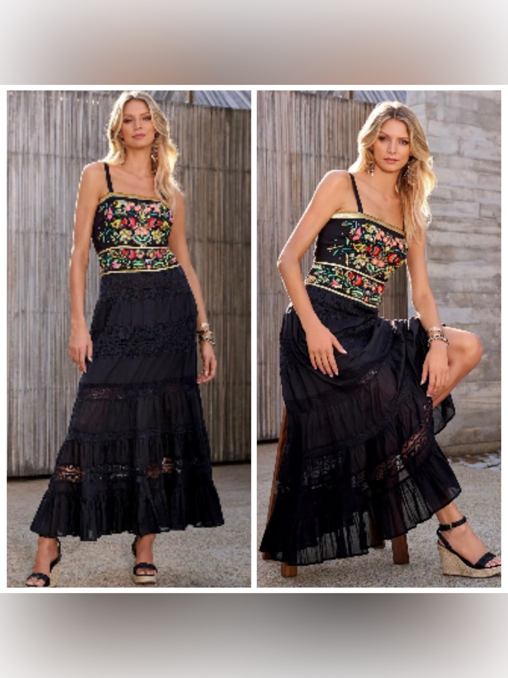 Boston Proper Embroidered Sequin Lace Maxi Dress Small Black Multi HTF